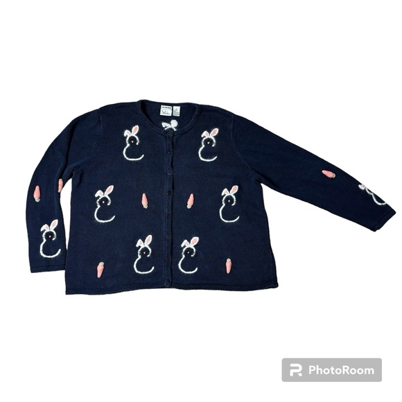 Vintage CJ Banks 1x Sweater Hand Embroidered Bunnies Carrots Easter Button Down - Picture 2 of 8